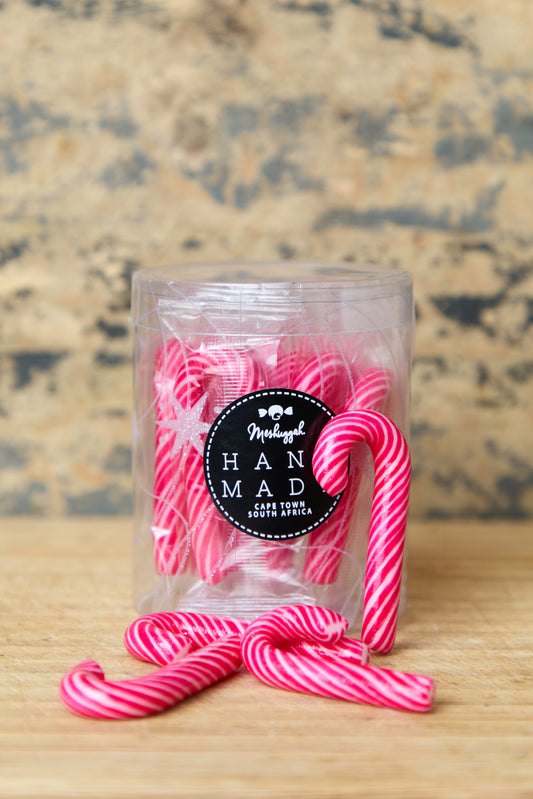 Christmas Candy Canes Mini: Strawberry in Red & White Stripes 70g Tub (Vegan)